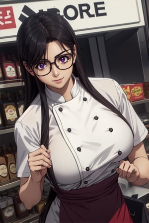 woman in a shopping plaza(chef clothes)glasses, big breasts, big thighs,onyx black hair,purple eyes,smirk,view facing the viewer,Upper body only,