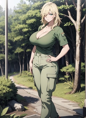woman standing in the forest (green shirt) (cargo pants) big breasts cleavage big thighs wide hips facing the viewer hairstyle covering the eyes