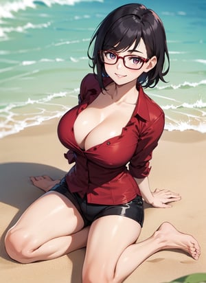 Short hair girl sitting on the sand (red blouse) big breasts cleavage only upper body looking at viewer from below simple smile 