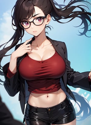 1Girl with long dark brown hair with ponytail hairstyle wearing (black shorts) (red blouse) Big breasts Upper part of the body facing the viewer close to the viewer 