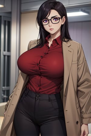 woman standing in a room (brown coat with red shirt and black pants)big breasts, big thighs,purple pupils,black hair,facing the viewer,upper body only.