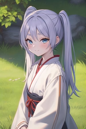 frieren,FFIXBG,Masterpiece, intricate details, extremely detailed, natural lighting, perfect face BREAK upper body, 1girl, solo, cute, petite, standing, (japanese haori:1.3), long sleeves,pigtail, blush, light smile, small breasts, blue eyes, looking at viewer, BREAK nature, grassy plains, river stream, rocks