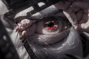 ((Bird's eye view)), 1 girl,perfecteyes, ((High Quality)), ((Exquisite Detail)), masterpiece, cold, dressed, shabby coat, shorts, pink eyes, bloodstained, white hair, ragged clothing, indoors, stubborn eyes, carnival, black background, dim Lights, bright eyes, broken windows, blood stains, bright red lips, crystal knife, slender fingers, blurred eyes, corridor, desperate resistance, traces of battle, tense muscles, iron will, cold expression, determination , fierce fighting spirit, wild, powerful, closed