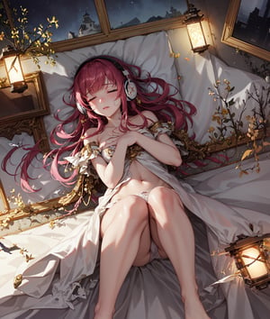 ((Bird's eye view)), ((crystal clear)),((high-quality)), ((detailed)), girl,lying,bed,serene, headphones, pink underwear, closed eyes, immersed, melody, gentle breeze, tranquil, night, suspended time, fluctuating emotions, joyful, melancholic, flying in the night sky, free bird, music resonates, beautiful scenes, forget worries, peaceful, tender embrace, escapade in the dark, freedom, carefree, soothing tunes, dreamlike, moonlit night, calm, content, harmonious, distant thoughts, serenity, ethereal, night's embrace, timeless beauty, soft melodies, escape, dreamy, weightless, celestial experience, euphoric, nocturnal bliss, soulful journey, artistic expression.