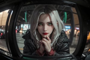 ((fish eye view)), 1 girl,perfecteyes,((Excellent Quality)) and ((Exquisite Details)) define the interior of the car, a true masterpiece. Despite the cold weather, a figure wears a tattered coat and shorts, with eyes a striking shade of pink. Their white hair was stained with blood and their clothes were in tatters. Under the dim lights of the indoor carnival, their eyes remained firm and determined. Against a black background, broken windows reveal signs of battle, bloodstains and bright red lips. In their slender fingers, they hold a crystal knife, symbolizing their fierce fighting spirit. Although their vision was blurred and they resisted desperately, their muscles were still tense and their iron will was unyielding. Their faces are cold, their energy is wild, and they face the challenges ahead with unwavering determination. Smart and elegant, ((unparalleled picture quality)), ((very detailed)), with affectionate eyebrows and eyes, wearing a long dress with an emerald green skirt, a bright smile, eyes like stars, sky blue pupils, long hair like a waterfall Like hanging down to the waist, green hair, gently brushing the red lips, angelic face,Detailedface