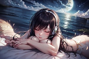 ((Bird's eye view)), ((crystal clear)),((high-quality)), ((detailed)), girl,lying,bed,serene, headphones,big_boobs, pink underwear, closed eyes, immersed, melody, gentle breeze, tranquil, night, suspended time, fluctuating emotions, joyful, melancholic, flying in the night sky, free bird, music resonates, beautiful scenes, forget worries, peaceful, tender embrace, escapade in the dark, freedom, carefree, soothing tunes, dreamlike, moonlit night, calm, content, harmonious, distant thoughts, serenity, ethereal, night's embrace, timeless beauty, soft melodies, escape, dreamy, weightless, celestial experience, euphoric, nocturnal bliss, soulful journey, artistic expression.,perfecteyes
