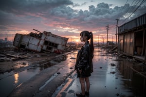best quality,  extremely detailed,  HD,  8k,  extremely intricate:1.3),  cinematic lighting,   rainy sunset, 1 girl, A little girl stands praying with her dirty puppy in front of a ruined shrine, ((puppy)), ((dirty)),  ((skeleton)) lying on the side of the road, (( ripped clothes)), (( dirty on clothes)), sad and gloomy atmosphere, ((side body view)), close view, blood,In this war-torn place filled with the smell of blood and the sound of footsteps, corpses are strewn everywhere, and wreckage, explosions and scars of conflict are scattered all over the place. The city is a testament to a dystopia, dilapidated and filthy beneath the rainy sunset. A young girl stands in prayer before a desecrated temple, her filthy puppy standing beside her. There was a corpse lying on the roadside, his clothes were in tatters, a sad and desolate sight. There's a heavy melancholy in the air, accentuated by close-ups of grimy clothes and bloodied dead bodies.