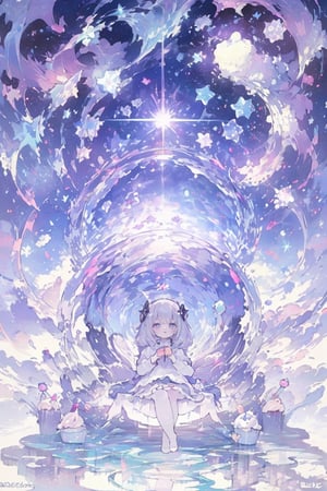 DArt,EpicSky,sky,cloud,1girl, bright white hair, long hair, purple eyes, pale skin, lolita dress, white dress, short dress, white thigh stockings, small breasts, pale skin, soft skin, rainbow, hearts, heart pillows, pastel, crystals, halo, colorful, pink, purple, blue, doll)), ((lots of dolls)) ((sunlight coming through window)) ((background, cute home)) ((light atmosphere)) ((dolls in home)) ((sitting up, fullbody)) (fluffy, soft, light, bright, sparkles, twinkle, cute, pink, purple, blue, clouds, pastel, light colors, glitter, happy, normal pupil) best quality, masterpiece, Detailedface, high_res 8K, candyland, full background, candy, sweets, lollipop, chocolate, ice cream, swirl lollipop, strawberry, ice cream, doughnut, cake, cupcake, balloon, chocolate bar, bubble, cream, whipped cream, dessert, pastry, candy wrapper, icing, teacup, confetti,1guy,best quality