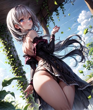 Low angle shot of a girl wearing a skirt, revealing her panties. Blowing in the breeze, the girl's skirt fluttered gently, like dancing petals. Her hair sparkled in the soft sunlight, and her eyes were full of innocence and curiosity. The surrounding environment is also made more majestic by low-angle shots, as if telling a mysterious story. The girl raised her head slightly and stared into the distance, her eyes revealing her desire for the unknown world. The sunlight penetrated the gaps in the leaves and fell on her body, outlining her graceful figure.