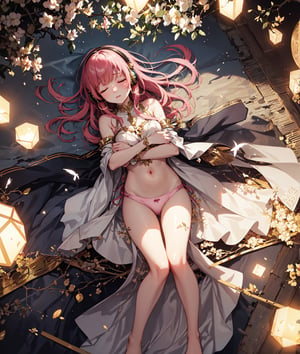 ((Bird's eye view)), ((crystal clear)),((high-quality)), ((detailed)), girl,lying,bed,serene, headphones, pink underwear, closed eyes, immersed, melody, gentle breeze, tranquil, night, suspended time, fluctuating emotions, joyful, melancholic, flying in the night sky, free bird, music resonates, beautiful scenes, forget worries, peaceful, tender embrace, escapade in the dark, freedom, carefree, soothing tunes, dreamlike, moonlit night, calm, content, harmonious, distant thoughts, serenity, ethereal, night's embrace, timeless beauty, soft melodies, escape, dreamy, weightless, celestial experience, euphoric, nocturnal bliss, soulful journey, artistic expression.