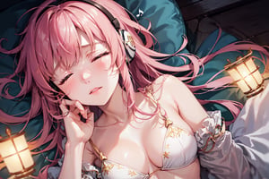 ((Bird's eye view)), ((crystal clear)),((high-quality)), ((detailed)), girl,lying,bed,serene, headphones, pink underwear, closed eyes, immersed, melody, gentle breeze, tranquil, night, suspended time, fluctuating emotions, joyful, melancholic, flying in the night sky, free bird, music resonates, beautiful scenes, forget worries, peaceful, tender embrace, escapade in the dark, freedom, carefree, soothing tunes, dreamlike, moonlit night, calm, content, harmonious, distant thoughts, serenity, ethereal, night's embrace, timeless beauty, soft melodies, escape, dreamy, weightless, celestial experience, euphoric, nocturnal bliss, soulful journey, artistic expression.