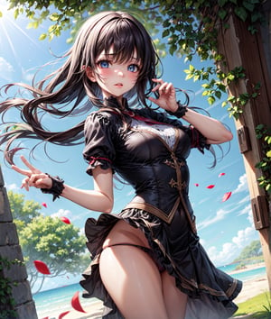 Low angle shot of a girl wearing a skirt, revealing her panties. Blowing in the breeze, the girl's skirt fluttered gently, like dancing petals. Her hair sparkled in the soft sunlight, and her eyes were full of innocence and curiosity. The surrounding environment is also made more majestic by low-angle shots, as if telling a mysterious story. The girl raised her head slightly and stared into the distance, her eyes revealing her desire for the unknown world. The sunlight penetrated the gaps in the leaves and fell on her body, outlining her graceful figure.