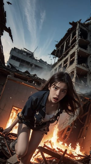 view_from_below,low-angle_shot, ((High Quality)),Detailedface,1 girl,Atop the ruins, a girl was running, her clothes fluttering under the blazing fire. Her eyes filled with fear as the buildings around her collapsed. In this land full of running and the smell of blood, corpses are scattered everywhere, and there are wreckage, explosions and traces of war everywhere.,torn clothes