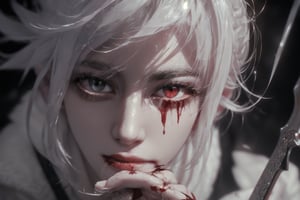 ((Bird's eye view)), 1 girl,perfecteyes, ((High Quality)), ((Exquisite Detail)), masterpiece, cold, dressed, shabby coat, shorts, pink eyes, bloodstained, white hair, ragged clothing, indoors, stubborn eyes, carnival, black background, dim Lights, bright eyes, broken windows, blood stains, bright red lips, crystal knife, slender fingers, blurred eyes, corridor, desperate resistance, traces of battle, tense muscles, iron will, cold expression, determination , fierce fighting spirit, wild, powerful, closed