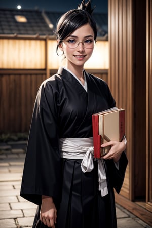 (best quality:1.4), (detailed:1.3), (RAW photo:1.2), highres, intricate, 8K wallpaper, cinematic lighting, photorealistic, one girl, female_solo, black hair, folded ponytail, glasses, black robes, sash, hakama skirt, carrying books, outside, smiling,ise nanao