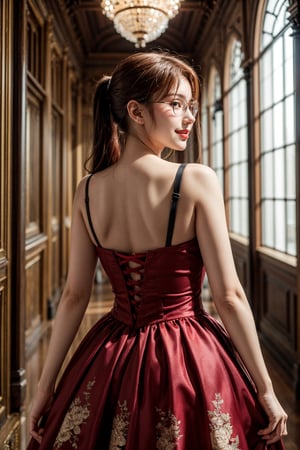 (best quality:1.4), (detailed:1.3), (RAW photo:1.2), highres, intricate, 8K wallpaper, cinematic lighting, photorealistic, one girl, female_solo, red hair, folded ponytail, glasses, princess dress, floral dress, very long dress, sleeveless, beautiful makeup, red lipstick, inside a castle, chandeliers, well lit room, large room, (large crowd of people:1.3), blushing, cute smile