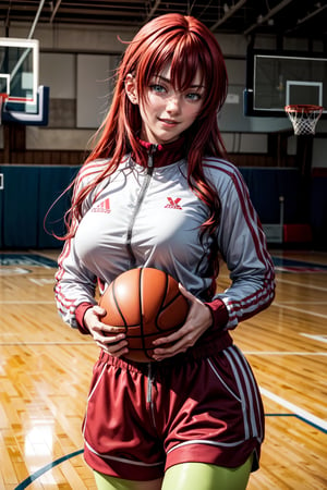 best quality:1.4), (detailed:1.3), (RAW photo:1.2), highres, intricate, 8K wallpaper, cinematic lighting, photorealistic, one woman, female_solo, big_breasts, red hair, long hair, school tracksuit, red tracksuit, basketball court, holding basketball, indoors, cute smile, blush,Rias Gremory