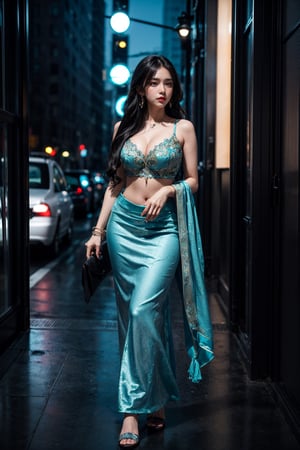 (best quality:1.4), (detailed:1.3), (RAW photo:1.2), highres, intricate, 8K wallpaper, cinematic lighting, photorealistic, one girl, female_solo, black hair, very long hair, large cup breasts, curvy hips, turquoiselehenga, sleeveless, long clothes, black heels, aqua_earrings, hairpins, handbag, city,midnight, neon lights, happy, looking away from viewer, observing the sky, side focus 