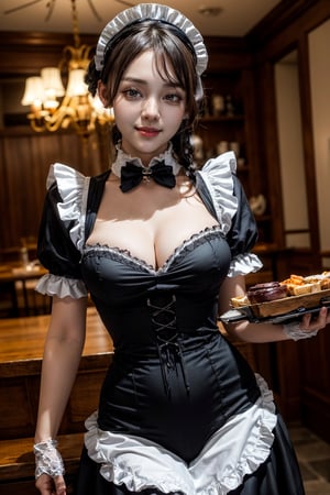 (best quality:1.4), (detailed:1.3), (RAW photo:1.2), highres, intricate, 8K wallpaper, cinematic lighting, photorealistic, one girl, female_solo, black hair, ponytail, very long hair, gigantic breasts, narrow hips, (black Victorian maid costume:1.5), black bowtie, short sleeves white neck collar, large apron, white apron, black pantyhose, luxury restaurant, beautiful lighting, well bright chandeliers, (carrying tray of food:1.2), smile expression, well done make-up, well detailed image