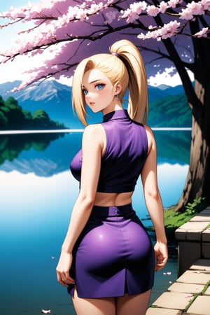 (masterpiece), best quality, expressive eyes, perfect face, perfect body, ultra detailed image, ultra high quality, cinematic lighting, beautiful healthy eyes, mature woman, solo, detailed hair, blond_hair, glass shining eyes, hair over one eye, ponytail, hairclip, blue eyes, purple crop top, sleeveless, purple skirt, fishnets, earrings, midriff,yamanaka ino, outside, cherry_blossoms, lake, smile, cute girl , view from behind,
