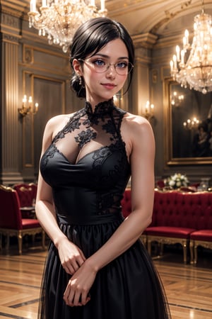 (best quality:1.4), (detailed:1.3), (RAW photo:1.2), highres, intricate, 8K wallpaper, cinematic lighting, photorealistic, one girl, female_solo, black hair, folded ponytail, glasses, princess dress, floral dress, very long dress, sleeveless, beautiful makeup, inside a castle, chandeliers, well lit room, large room, large crowd of guest people, blushing, cute smile, ise nanao