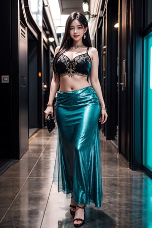 (best quality:1.4), (detailed:1.3), (RAW photo:1.2), highres, intricate, 8K wallpaper, cinematic lighting, photorealistic, one girl, female_solo, black hair, very long hair, large cup breasts, curvy hips, turquoiselehenga, sleeveless, long clothes, black heels, aqua_earrings, hairpins, handbag, city,midnight, neon lights, smiling, cowboy shot 