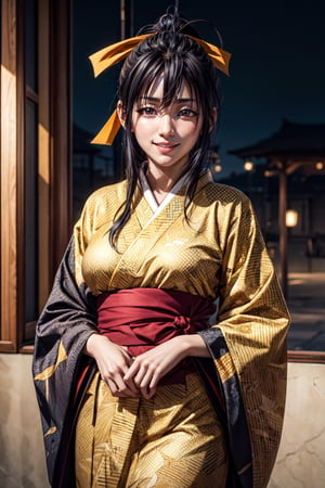 best quality:1.4), (detailed:1.3), (RAW photo:1.2), highres, intricate, 8K wallpaper, cinematic lighting, photorealistic, beautiful clean smile, one woman, female_solo, large breasts, black hair, ponytail, yellow hair ribbon, well detailed kimono , star pattern, akeno himejima