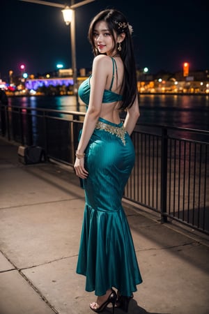 (best quality:1.4), (detailed:1.3), (RAW photo:1.2), highres, intricate, 8K wallpaper, cinematic lighting, photorealistic, one girl, female_solo, black hair, very long hair, large cup breasts, curvy hips, turquoiselehenga, sleeveless, long clothes, black heels, aqua_earrings, hairpins, handbag, city,midnight, neon lights, smiling, ass view 