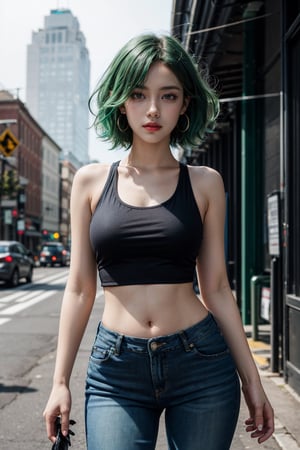 (best quality:1.4), (detailed:1.3), (RAW photo:1.2), highres, intricate, 8K wallpaper, cinematic lighting, photorealistic, one girl, female_solo, green hair, curly hair, long hair, aqua earrings, latex tank top, black fur jacket, exposed shoulders, navel, short jeans, beautiful makeup, glossy lips, in the city, at dawn, busy streets, slight fog, well detailed image