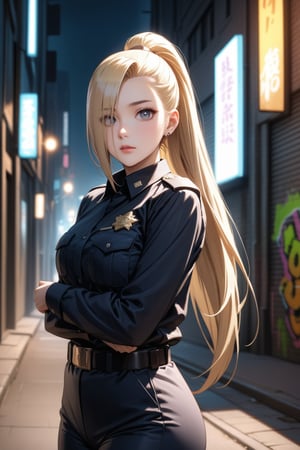 (masterpiece), best quality, expressive eyes, perfect face, perfect body, ultra detailed image, ultra high quality, cinematic lighting, beautiful healthy eyes, mature woman, solo, detailed hair, blond_hair, glass shining eyes, hair over one eye, ponytail, hairclip, blue eyes, black shirt, long sleeves, black trousers, long trousers, belt, police officer, yamanaka ino, outside, city, dark streets, graffiti, smile, cute face , view from behind