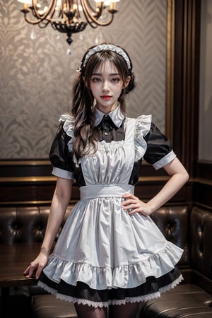 (best quality:1.4), (detailed:1.3), (RAW photo:1.2), highres, intricate, 8K wallpaper, cinematic lighting, photorealistic, one girl, female_solo, black hair, ponytail, very long hair, bulging breasts, narrow hips, black maid dress, black bowtie, short sleeves white neck collar, black pantyhose, luxury restaurant, beautiful lighting, well bright chandeliers,happy expression, well done make-up, well detailed image, maid attire