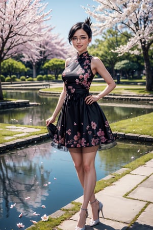 (best quality:1.4), (detailed:1.3), (RAW photo:1.2), highres, intricate, 8K wallpaper, cinematic lighting, photorealistic, one girl, female_solo, black hair, folded ponytail, glasses, floral dress, yellow design dress, white heels, large pond, sakura trees, pink flower petals, spring season, outside, happy face, ise nanao