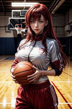 best quality:1.4), (detailed:1.3), (RAW photo:1.2), highres, intricate, 8K wallpaper, cinematic lighting, photorealistic, one woman, female_solo, big_breasts, red hair, long hair, school tracksuit, red tracksuit, basketball court, holding basketball, indoors, blush,Rias Gremory