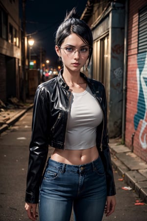 (best quality:1.4), (detailed:1.3), (RAW photo:1.2), highres, intricate, 8K wallpaper, cinematic lighting, photorealistic, one girl, female_solo, black hair, folded ponytail, glasses, latex top, blue jeans, black jacket, in the slum streets, graffiti, city, midnight, serious face, ise nanao