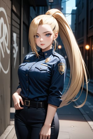(masterpiece), best quality, expressive eyes, perfect face, perfect body, ultra detailed image, ultra high quality, cinematic lighting, beautiful healthy eyes, mature woman, solo, detailed hair, blond_hair, glass shining eyes, hair over one eye, ponytail, hairclip, blue eyes, black shirt, long sleeves, black trousers, long trousers, belt, police officer, yamanaka ino, outside, city, dark streets, graffiti, smile, cute face 