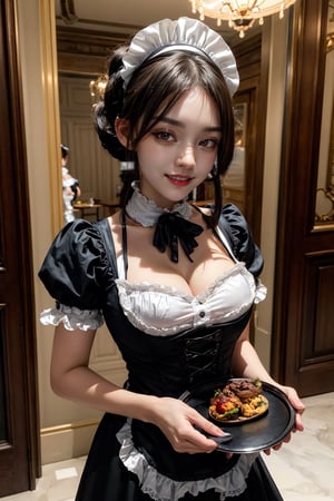 (best quality:1.4), (detailed:1.3), (RAW photo:1.2), highres, intricate, 8K wallpaper, cinematic lighting, photorealistic, one girl, female_solo, black hair, ponytail, very long hair, gigantic breasts, narrow hips, (black Victorian maid costume:1.5), black bowtie, short sleeves white neck collar, large apron, white apron, black pantyhose, luxury restaurant, beautiful lighting, well bright chandeliers, (carrying tray of food:1.2), smile expression, well done make-up, well detailed image