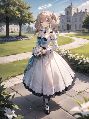 1GIRL, YELLOW EYES, HALO, FOREHEAD JEWEL, HAIR ORNAMENT, HAIR STICK, LONG HAIR, LOW TWINTAILS, Posy bridesmaid, (masterpiece, top quality, best quality, official art, beautiful and aesthetic:1.1), extreme detailed, colorful, 1girl, standing, cowboy shot, looking at viewer, blush, light smile, wedding dress, rose, outdoors, garden, flower, floral background, grass, sun, blue sky, depth field
good hands, perfect hands, pretty face, perfect face, childish face, full body, perfect body, pretty stockings, walking, night, pretty dress, perfect dress, castle, palace, perfect palace, palace
,barbara (genshin impact)