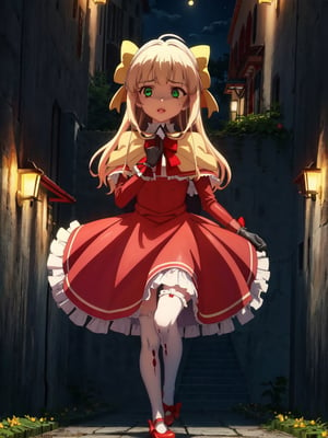 KAORUKO TENKAWA, LONG HAIR, BLUE EYES, BLONDE HAIR, BOW, HAIR BOW, RED BOW,, 1 GIRL,, HAIR RIBBON, YELLOW THROAT, JEWELRY, BROOCH, CAPELET, RED DRESSER, GREEN EYES, Ruffles, DRESS RED, SHORT PUFFY SLEEVES, WHITE GLOVES, RED BOW, WHITE THIGHS,, good hands, pretty face, full body, cave, cavern, scared. praying, darkness, hell, dungeon, at night, scared, walking, perfect hands, pretty hands, good hands, pretty face, full body, pretty decorated stockings, o, full body, beautiful body, perfect body, beautiful body, legs perfect, beautiful legs, perfect hands, beautiful hands, scared, full body, pretty face, perfect face, child's face, perfect face, pretty face, rro, perfect lips. beautiful eyes, flower garden, perfect garden, roses, perfect roses, ,1girl and 1boy,Zombie,Vampirism,vamptech,kaoruko_tenkawa_mahoushoujoniakogarete,AIDA_LoRA_AnC