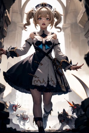 bbarbara (genshin impact),
1girl,
hat,
latin cross,
blonde hair,
long hair,
twintails,
twin drills,
blue eyes,
bow.
torn dres,
frilled skirt,
detached sleeves,

white pantyhose,
book,
belt
white pantyhose,
book,

blood, dirt, good hands, pretty face, mud, dungeon, full body, cave, cavern, torn stockings, many wounds,, torn dress, scared. praying, winter clothes, a lot of blood per suit, slimy insects, praying, crying, mud, a lot of blood, dark, hell, dungeon, at night, crying,  devil.ghosts, red eyes, palace, scared, cryingworms, running,  whole body, nice whole body, castle