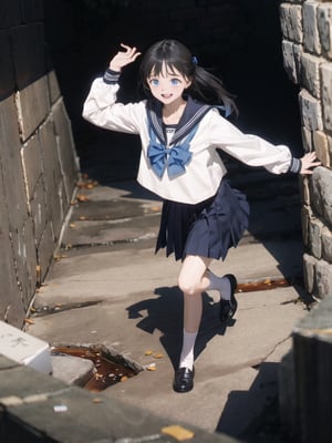 1 GIRL, ALONE, LONG HAIR, LONG HAIR, BLUE EYES, BLACK HAIR, BOW, BOW, SMILE, TAILS, LOOKING AT THE SPECTATOR T-SHIRT, LONG SLEEVE, BOW, SCHOOL UNIFORM, WHITE SHIRT, SERAFUKU, SAILOR COLLAR, HANDKERCHIEF, BLUE BOW , BLACK SAILOR NECKLACE, BLUE SCARF,
ood hands, perfect hands, pretty face, perfect face, childish face , full body, perfect body, pretty stockings, walk, night, dungeon, dark dungeon, muddy dungeon, perfect dungeon, nice dress, perfect dress, cave, dark cave, crying, darkness, crying, wall, stone wall, cave, hell, hell, hell, monster, perfect monster, monster, storm, fire,barbara (genshin impact),,komichi akebi