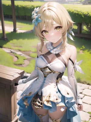 LUMINE,1GIRL,HAIR ORNAMENT,HAIR FLOWER,LOOKING AT VIEWER,SOLO,DETACHED SLEEVES,THIGHHIGHS,SIDELOCKS,OUTDOORS,BANGS,WHITE DRESS,SHORT HAIR WITH LONG LOCKS,YELLOW EYES,WHITE SCARF,ZETTAI RYOUIKI,, strong, blood, earth, good hands , perfect hands, pretty face, perfect face, childish face, full body, pretty stockings, walk, night, full body, perfect body, pretty stockings, walk, night, pretty dress, perfect dress, castle , upper body, dining room, medieval,pregnancy test,Haruna,AIDA_LoRA_HanF,aabern,lumine_a,lumine_genshin
