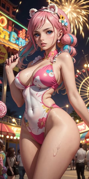 (masterpiece, best quality, ultra-detailed, 8K),High detailed, picture perfect face,blush,freckles,chinese vampire,perfect female body,Hourglass Body Shape,slim,thicc hips,pink lips, blue eyes,cute,charming,alluring,innocent,chinese vampire outfit, earrings,amusement park,(colorfull),cotton candy,candy stall,stuffed bear,ferris wheel,fireworks,