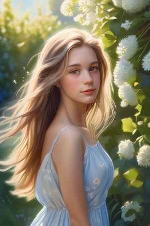 summer, a girl in a light dress with loose hair, linden alley, gentle morning sun, light breeze, blue sky, flowers, photo realism,photorealistic,realism,realistic