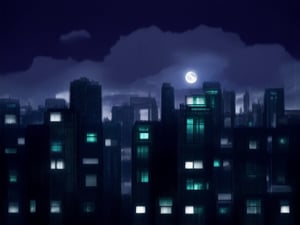 night, cloud lumened by city, bright moon, dark-gray-purple sky; sky scrapers square and rectangular skyscrapers with white frequent square windows, shades of skyscraper windows: dark green, dark turquoise. The roofs of skyscrapers from dark squares or illuminated with a dim blue border,