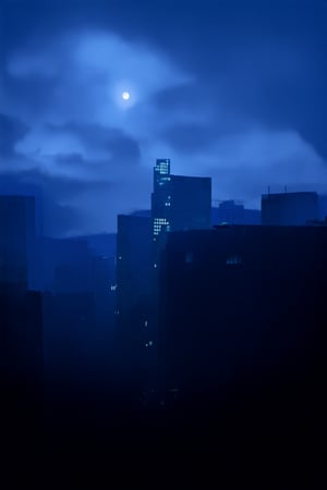 night, cloud lumened by city, bright moon, dark-gray-purple sky; sky scrapers square and rectangular skyscrapers with white frequent square windows, shades of skyscraper windows: dark blue, dark turquoise. The roofs of skyscrapers from dark squares or illuminated with a dim blue border,