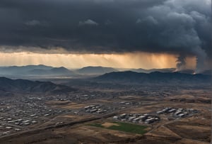 In the foreground, there is a thick layer of gray clouds that fill the sky, casting a dark and ominous mood. These clouds are artistically illuminated in a deep red color from above, creating a striking contrast against the gray backdrop. Centered in the sky is a small but radiant golden sun, its warm glow trying to break through the darkness of the clouds. As your eyes travel further, you notice a series of gray mountains on the horizon. Among these mountains, scattered in the landscape, you can spot power plants and industrial buildings peeking out, their structures adding an element of human intervention to the natural scenery. Some are nestled amidst the closer gray mountains, while others dot the black mountains further away, blending into the rugged terrain. This imagery creates a juxtaposition between the beauty of nature with the harsh realities of industrialization, highlighting the coexistence of natural landscapes and human development in a visually striking way.