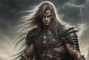Create a portrait of the main antagonist of the demigod, he has long, flowing hair the color of storm clouds, serpentine creature with scales as black as night, glowing eyes like lightning, and razor-sharp teeth. </br> It is impossible to tell its age or gender as it is a mythological creature. captivating with mystery and at the same time repulsive, from whose gaze your throat dries up and you are speechless, but you can feel his strong spirit and sense of heroism, so that sometimes you donТt understand whether he is a villain or a hero in front of you. Style of Medieval fantasy warrior art by Luis Royo. tan, black, tan, blanchedalmond colors. 8K HD.