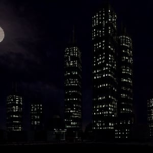 night, dark blue sky with blurry white clouds, full moon, black rectangular skyscrapers with small windows in which white light is visible, metal superstructures are visible at the tops of skyscrapers, brown cubes and a few gray cubes are visible at the base of skyscrapers, the earth is brown mud or clay, far focus, twinkling windows and stars, brilliant coloring, crispy quality, vray; Pixar, ; HD, HDR, SF, CGSociety, 16k, photorealistic, unreal engine