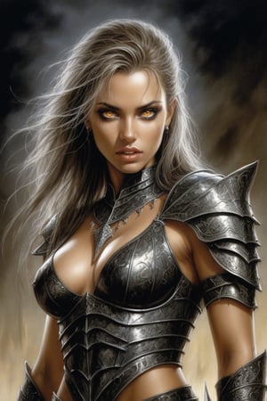 Create a portrait painting of the main antagonist of the demigod, serpentine creature with scales as black as night, glowing eyes like lightning, and razor-sharp teeth. </br> It is impossible to tell its age or gender as it is a mythological creature. Style of Medieval fantasy warrior art by Luis Royo. tan, black, tan, blanchedalmond colors. 8K HD.