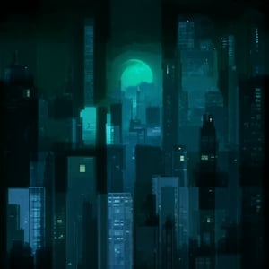 night, cloud lumened by city, bright moon, dark-green sky; sky scrapers square and rectangular skyscrapers with white frequent square windows, shades of skyscraper windows: dark green, dark turquoise. The roofs of skyscrapers from dark squares or illuminated with a dim blue border,